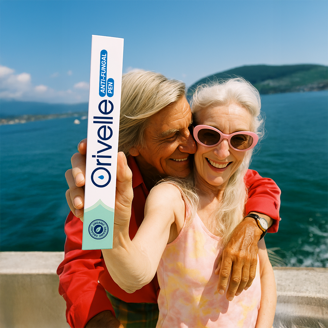Older couple enjoying an outdoor moment with Orivelle product packaging