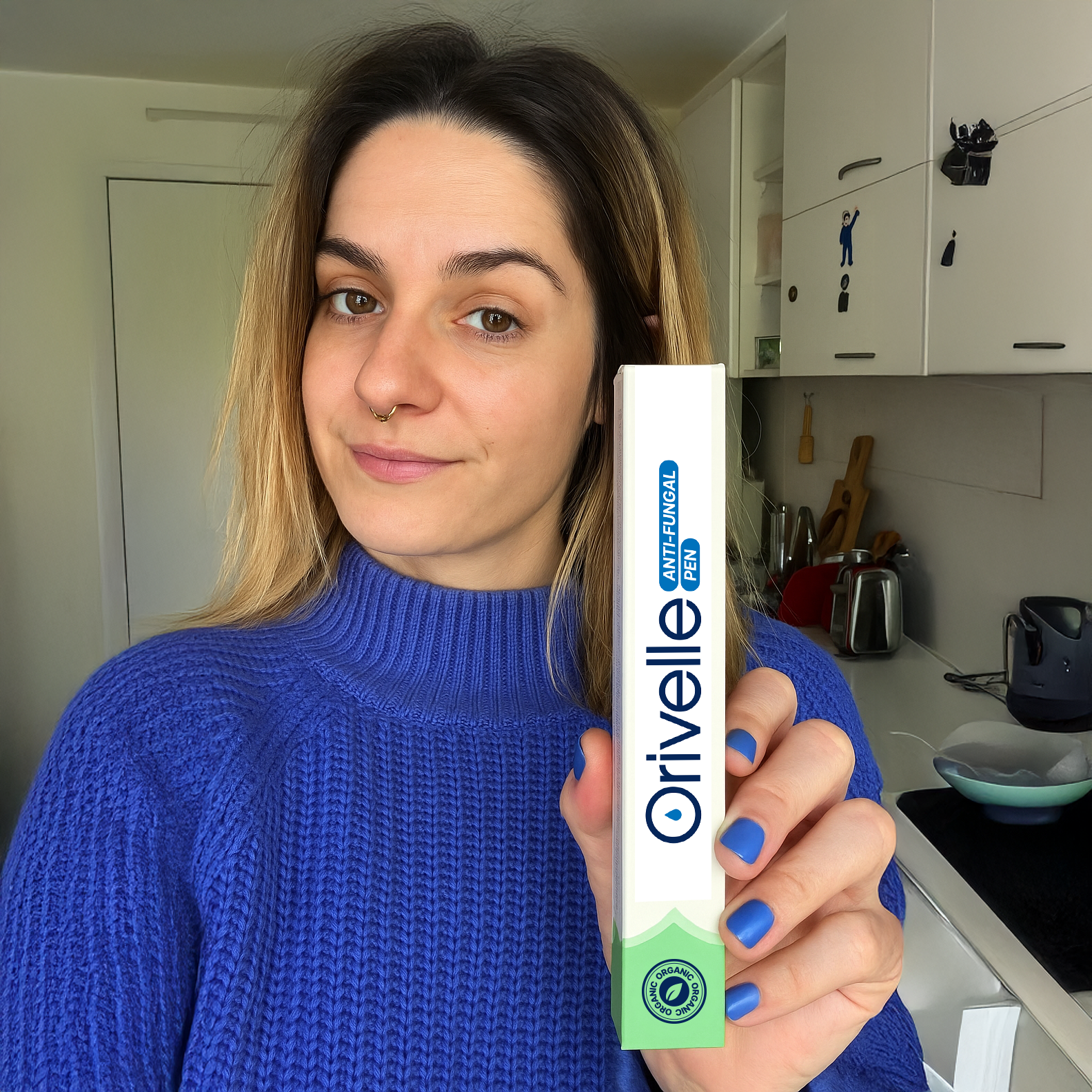 Orivelle product held in a home setting