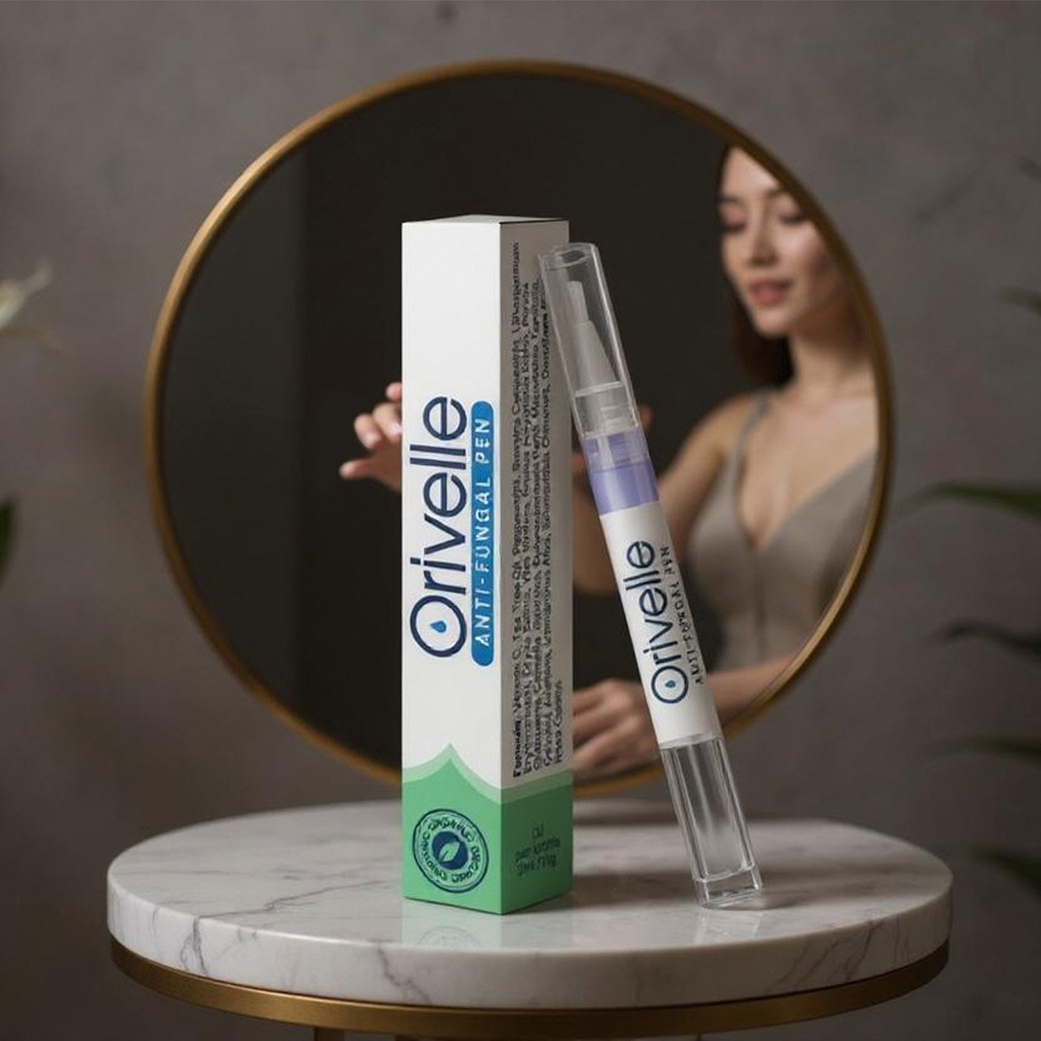 Orivelle pen and packaging displayed in a premium home setting